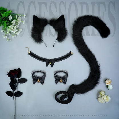 5PCS Sexy Simulation Animal Ear Lovely Tail Set Lace Hand Bell Neck Bell In Stock Plush Cosplay Props Headwear Hair Accessories
