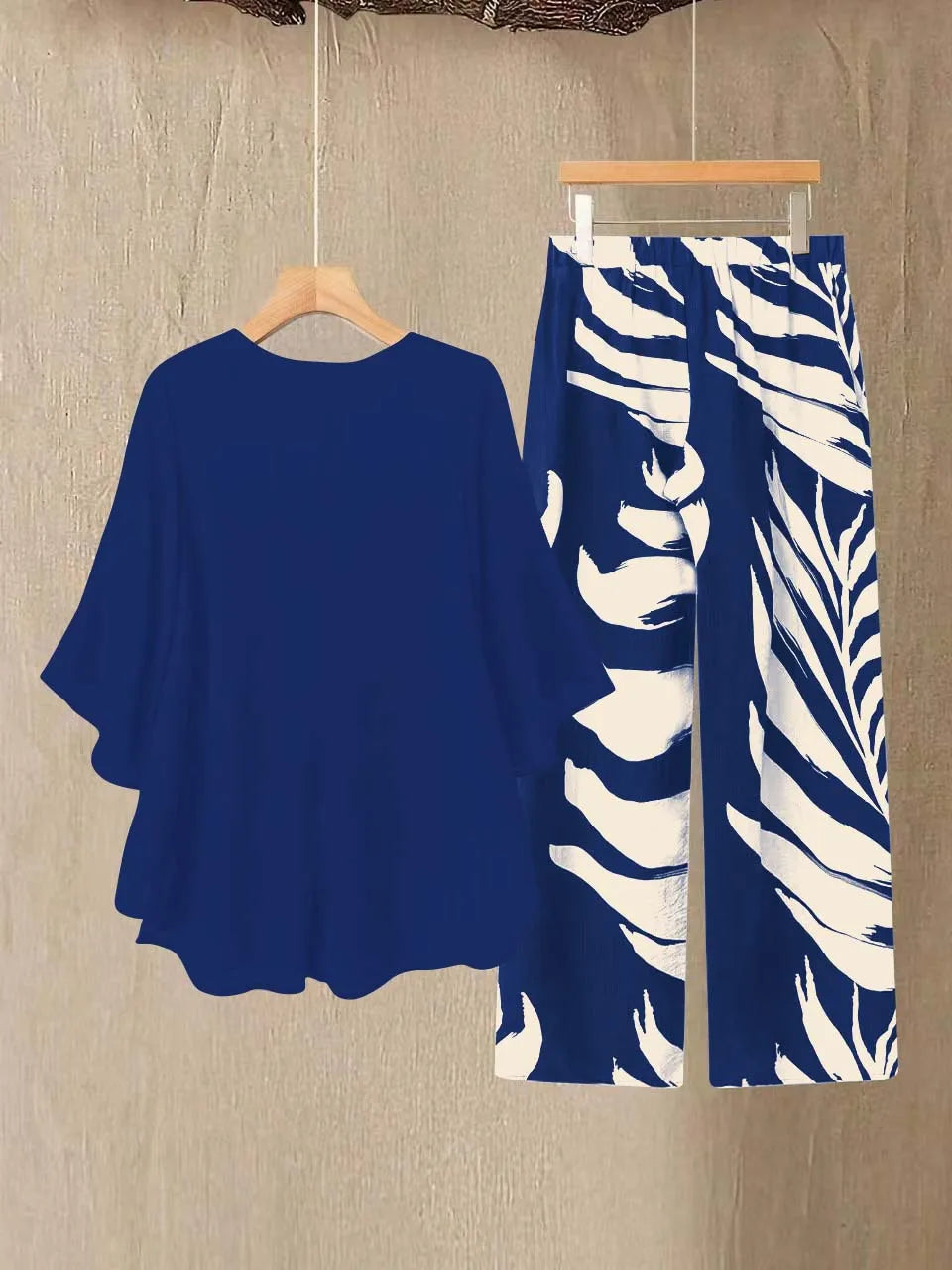 Lady Colorful O Neck Loose Suit Casual Chiffon Set Three Quarter Sleeve Top Wide Leg Pants Women Outfit Comfortable 2 Piece Sets