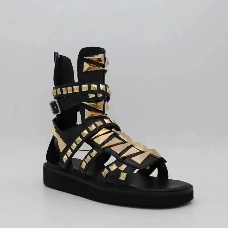 Men Casual Sandals Genuine Leather Platform Gold Rivet High Top Rome Luxury Height Increasing High Street Summer Black Shoes