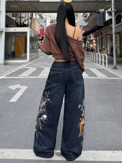American Street Fashion Tiger And Flower Embroidery Style Pants, Dark Color, Versatile, Loose-Fitting Jeans, Street Outfit