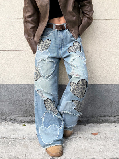 American Retro Heart-Shaped Leopard Print Patchwork Women's Loose High-Waisted Blue Wide-Leg Jeans, Street Fashion Niche Design Versatile Trousers