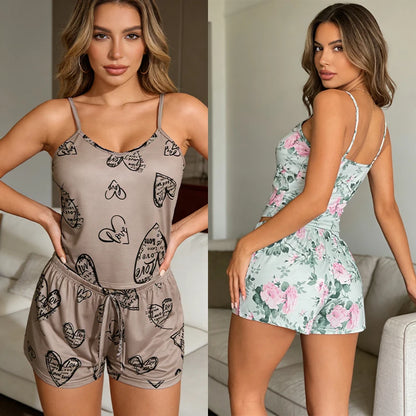 Women Sexy Pajama Ladies Satin Pajama Print Round Neck Ice Silk Top T-Shirt and Shorts Sets Breathable Comfortable Home Wear New
