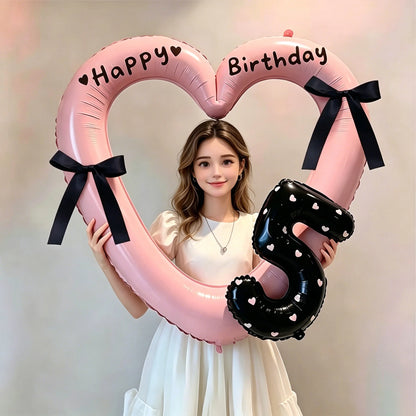 7Pcs 16inch Black Number Hollow-Out Heart Balloons and Heart Stickers Set, Includes 2 Number Balloons, 2 Stickers, 1 Glue Stick, 2 25cm Ribbons, for Birthday Parties, Wedding Anniversary Celebrations, Holiday Decorations