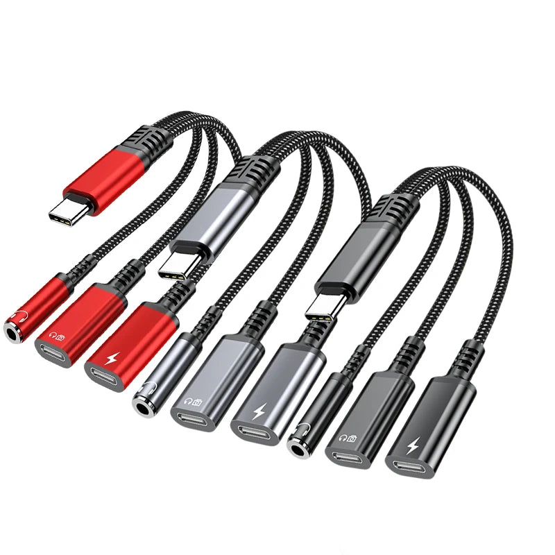 PD 60W Type C to Dual Type C 3.5mm Headphone and Charger Adapter 3 In1 USB C to AUX Audio Jack Dongle Cable For Samsung IPhone16