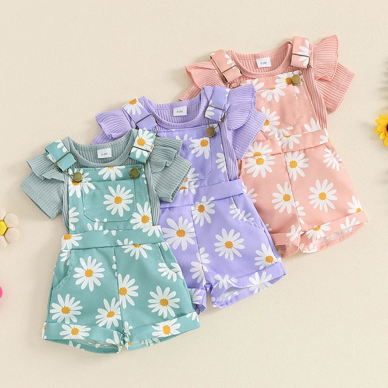 0-18months infant Girls Shorts Set Short Sleeve Romper Flower Print Suspender Shorts Summer Outfit for Baby girls