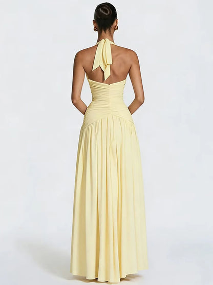 Mozision Halter Deep V Neck Sexy Maxi Dress Women Elegant Off-shoulder Sleeveless High Split Pleated Club Party Long Dress