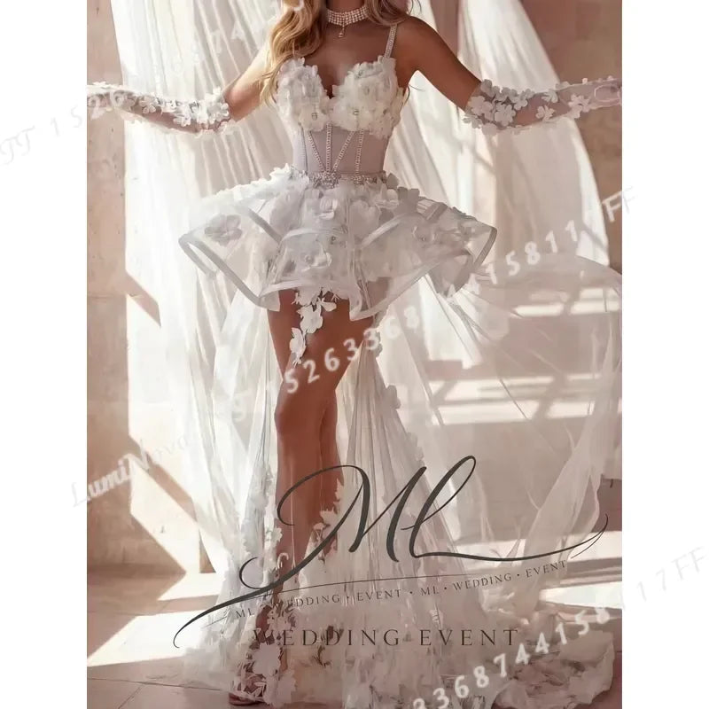 for ML Charming 3D Floral Wedding Dress Sweetheart Illusion Detachable Train Mini Ball Gown Bride Dresses Customized Robe De