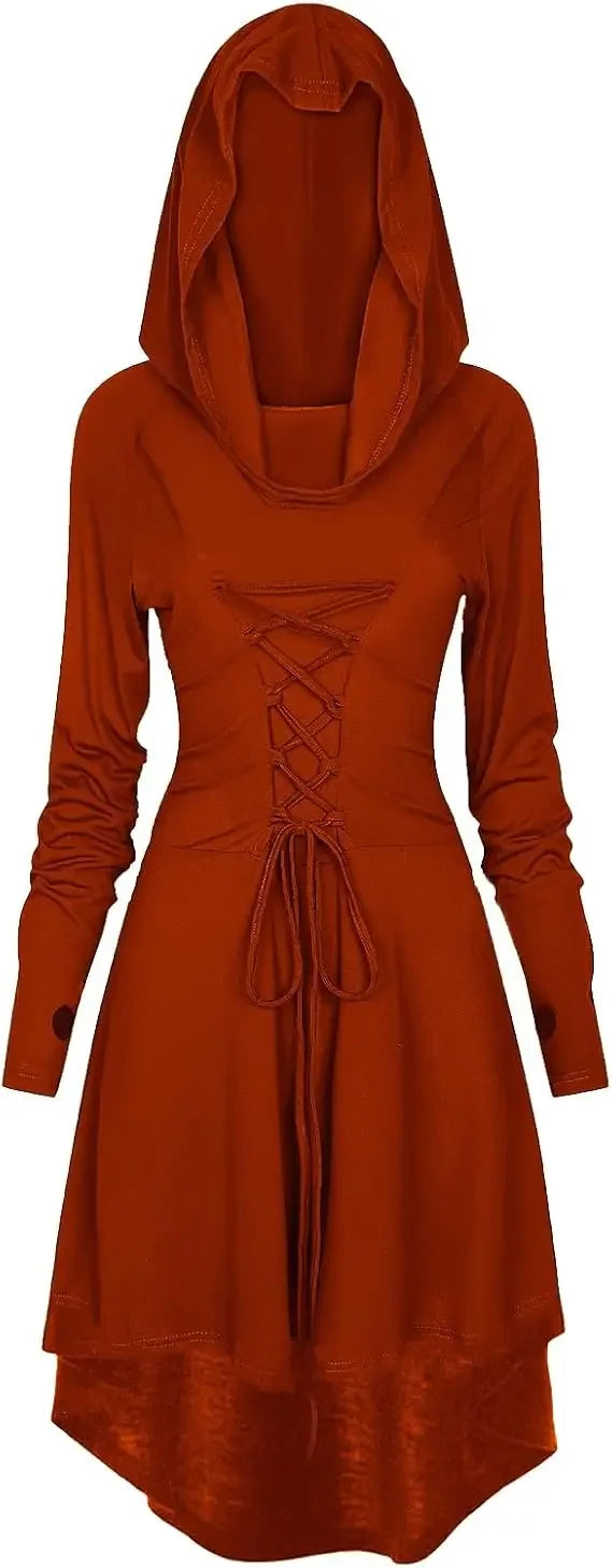 Medieval Cosplay Renaissance Archer Costumes Hooded Robe Lace Up Pullover Long Hoodie Dress Cloak Halloween Party