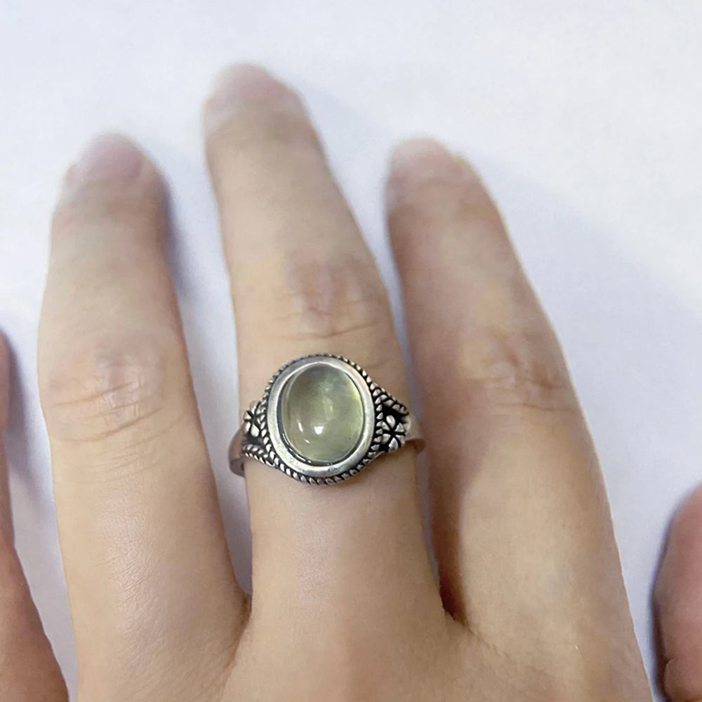 925 Sterling Silver Ring With Natural Prehnite Stone 8*10mm Oval Shape With Crystal Flower Design Gifts Fine Jewelry For Women
