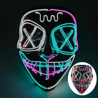 Wireless LED Neon Purge Mask & Fiber Optic Gloves, Scary Glow In Dark Mask for Halloween Carnival Cosplay Bar Birthday Party