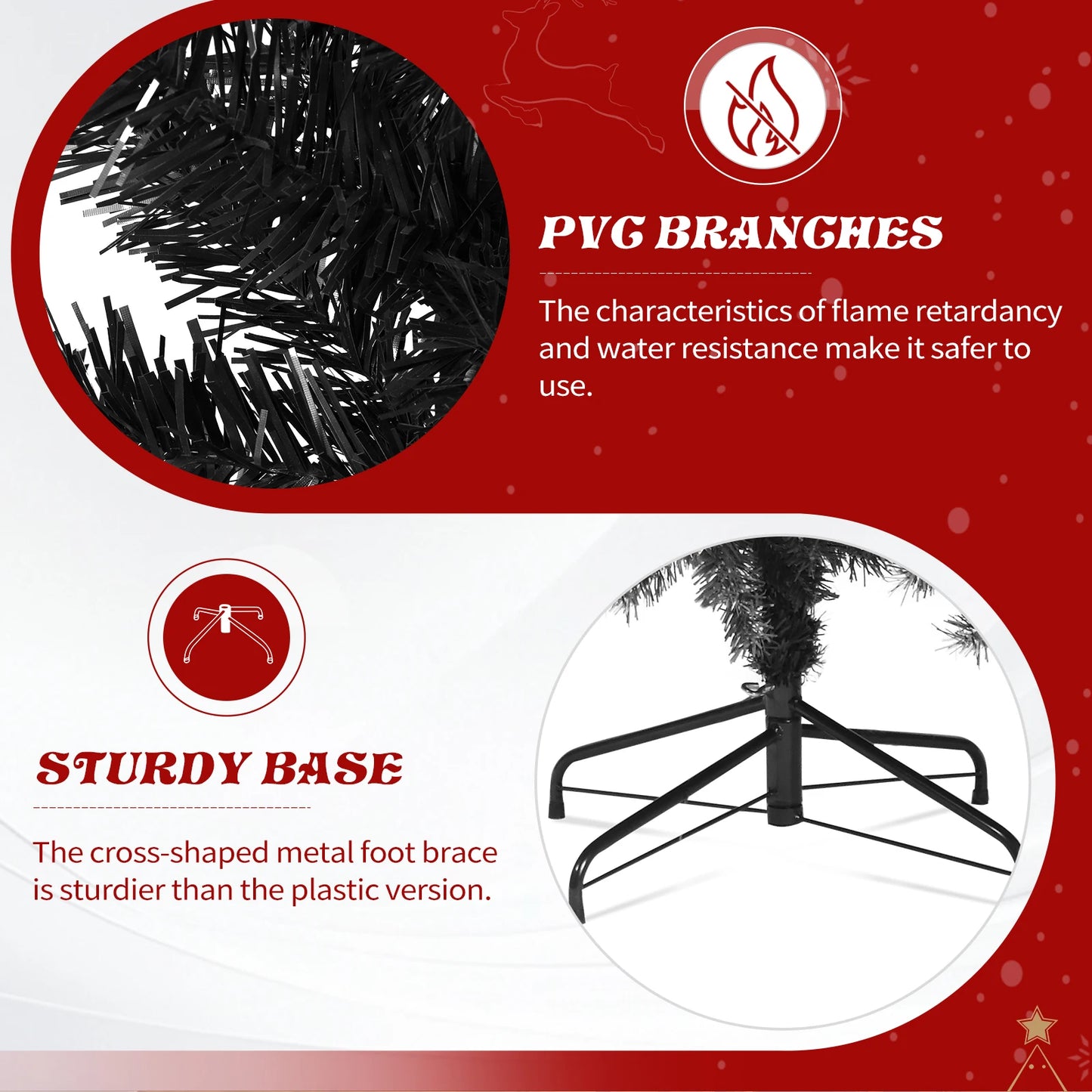 7.5FT Black Pre‑lit Artificial Christmas Tree, Hinged Xmas Tree with 350 Warm White LED Lights Remote Control, 1200 Branch Tips with Tree Skirt & Red Ornaments for Holiday Home Decor