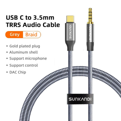 SUNKANDI USB C to Aux 3.5mm Car Audio Cable TRRS Male Headphone Cord HiFi DAC,support Mic , TRRS for iPhone 17,Galaxy S26