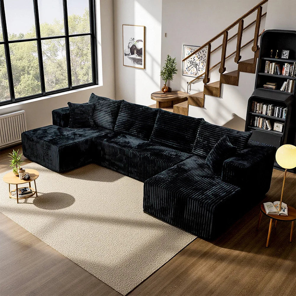 128 Inch Black U‑Shaped Modular Cloud Sofa, Vacuum Compressed Packing Clearance Sale, Local Warehouse Shipping for Living Room Home Furniture