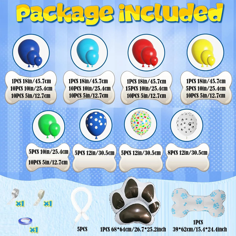 Paw Balloons Garland Arch Kit with Dog Bone Blue Yellow Red Green Balloons for Patrol Themed Animal Birthday Party Decorations