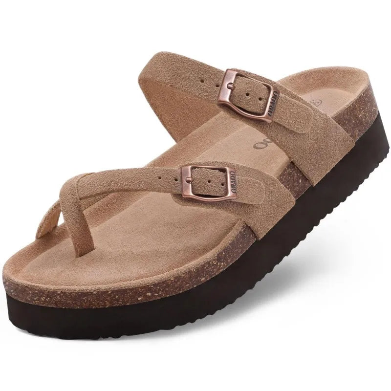 Litfun Open Toe Cork Sandals For Women Classic Brand Thick Sole Beach Shoes With Adjustable Buckle Summer Suede Flat Slippers