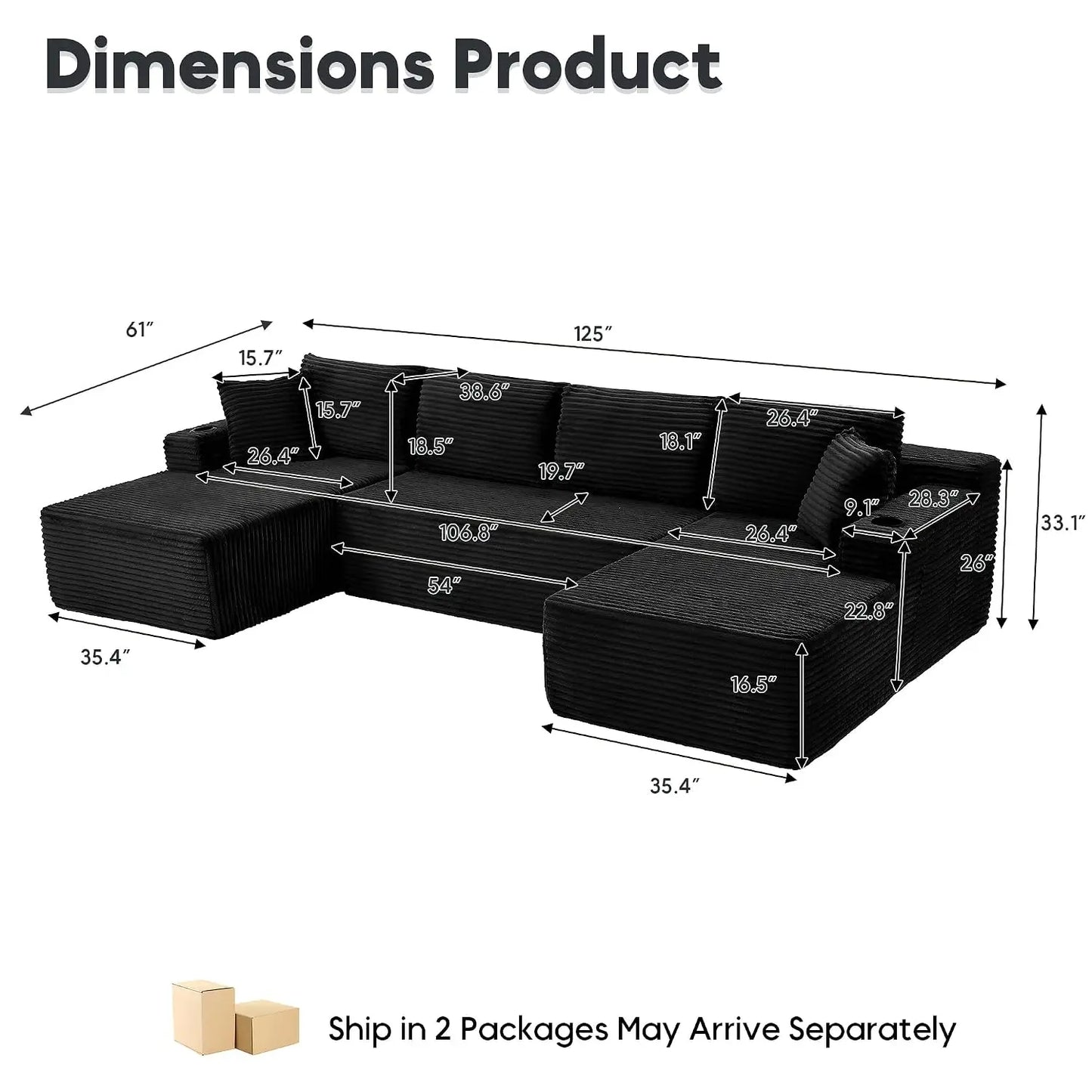 125" Oversized Cloud Boneless Couch with Chaise, Modern Modular Sofa with Deep Seat, Corduroy Upholstered U Shaped, Customized