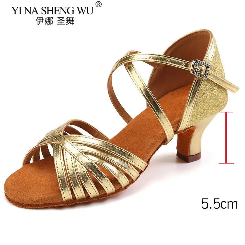 New Arrival Women Dance Shoes Latin Dance Ballroom Modern Dancing Soft Sole Practice Shoes Silver Gold Heel Shoes Dance Shoes