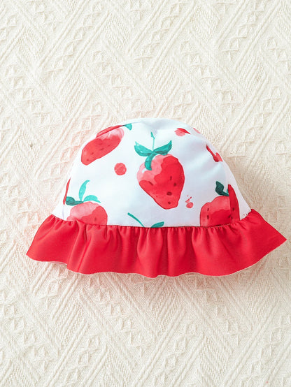 Cute 3-18M baby girl strawberry one-piece swimsuit set with matching sun hat. Watercolor strawberry print, ruffle hem & shoulder