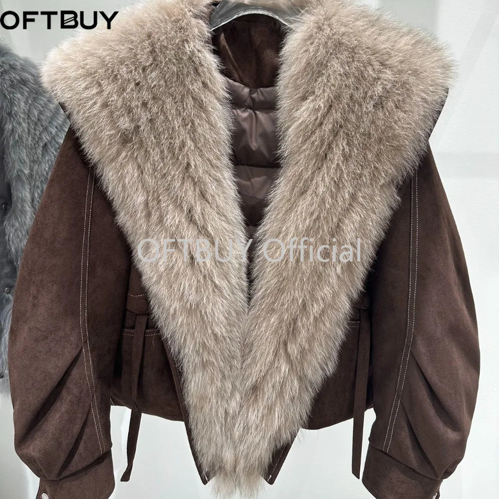 OFTBUY Real Fox Fur Collar Goose Down Jacket Winter Windproof Heavy Padded Coat Women Cropped Puffer Jacket Casual Outerwear