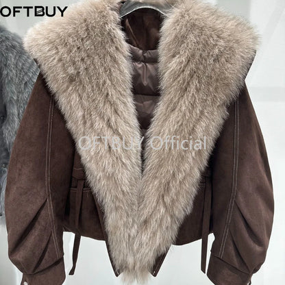 OFTBUY Real Fox Fur Collar Goose Down Jacket Winter Windproof Heavy Padded Coat Women Cropped Puffer Jacket Casual Outerwear