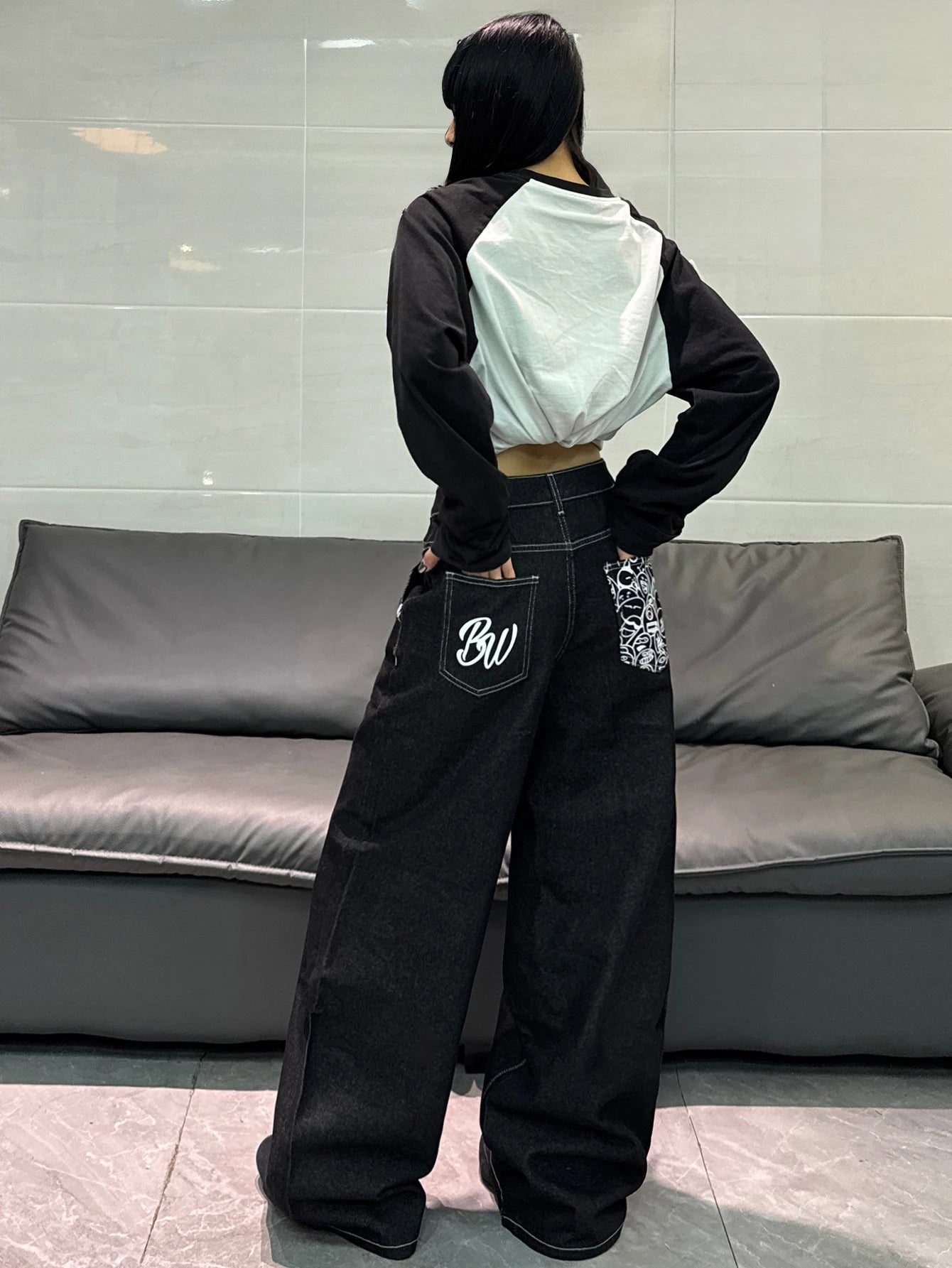 American High Street Cartoon Print Design Black Women's Loose Wide Leg Jeans Y2K Street Fashion Versatile Trousers