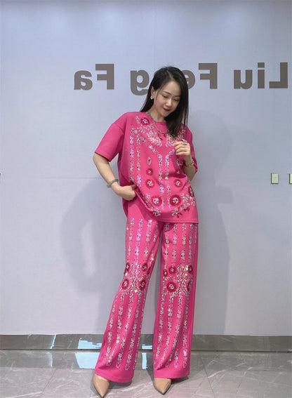2026 Summer Sequins Flower Short Sleeve T Shirt & Wide Leg Pant Sets Woman 2 Piece Outfits Casual Matching Sets Bust118cm