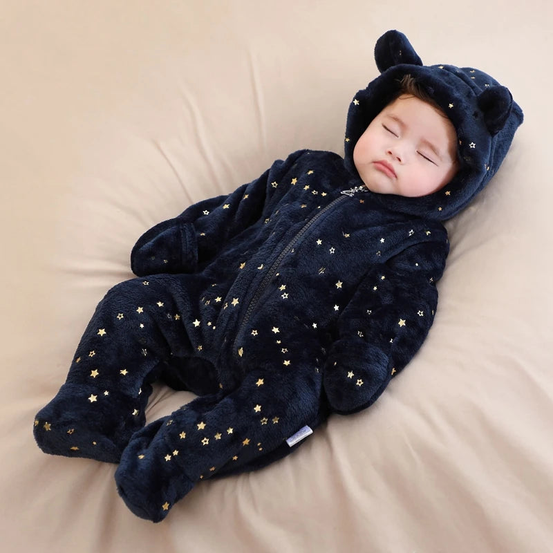 Newborn Baby Flannel Rompers Soft Warm Autumn Winter Bodysuit for Boys & Girls Cartoon Print Jumpsuit 0-19M Newborn Baby Clothes