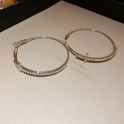 Shiny Big Circel Cross Hoop Earrings for Women Exquisite Rhinestones Ear Buckles Earrings High-end Geometric Ear Rings Jewelry