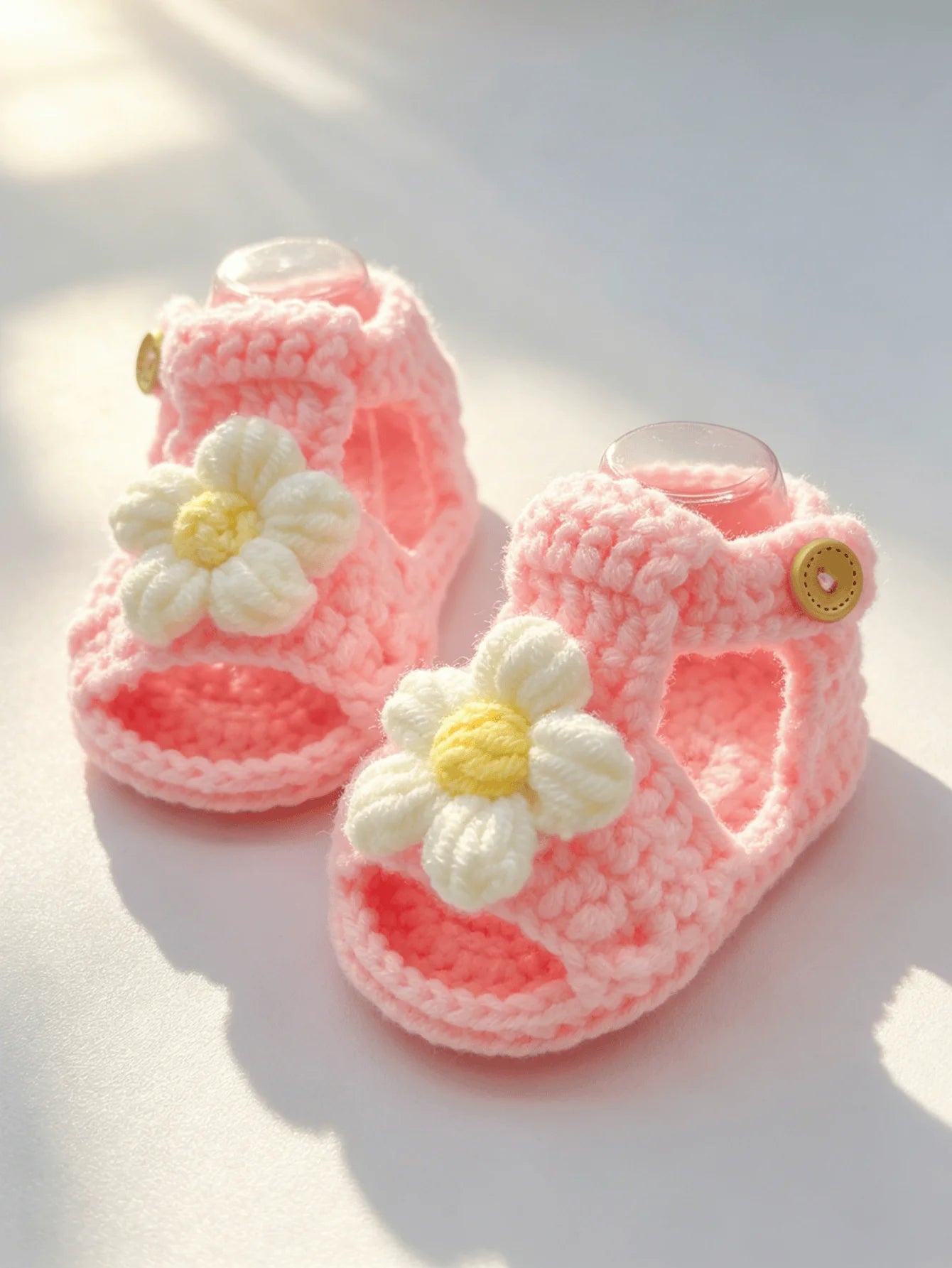 1 Pair Crochet Baby Girl Sandal Booties, Pink, Daisy Flower Accent with Button Strap, Infant Shoes