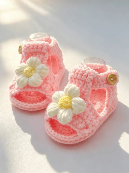 1 Pair Crochet Baby Girl Sandal Booties, Pink, Daisy Flower Accent with Button Strap, Infant Shoes