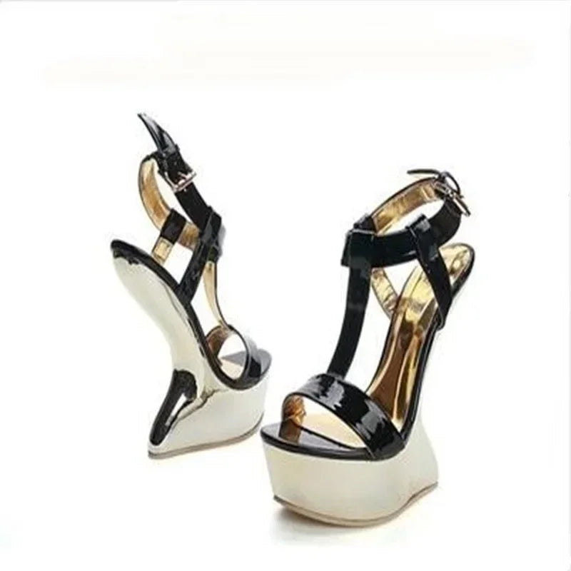 Strange Style Women Metal Color Woman Summer Platform Sandals Sexy Hoof Heel Ankel Buckle Strap Open Toe Shoes High Quality