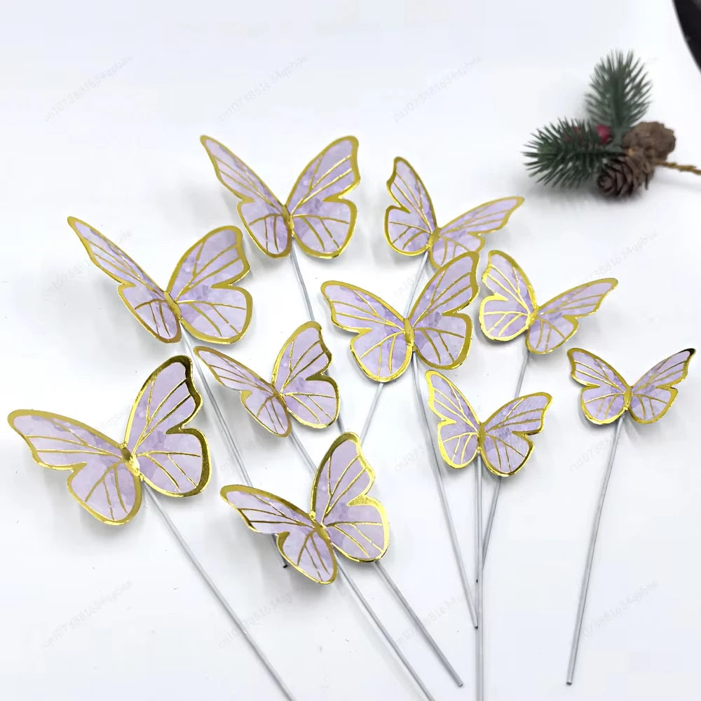 DIY Stamping Gold Pink Butterfly Cake Toppers Happy Birthday Cake Decoration Wedding Party Decor Shower Dessert Baking Supplies