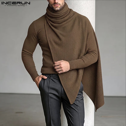 INCERUN Men's Pullovers Solid Turtleneck Long Sleeve Casual Irregular Tops Sweater For Man Streetwear Loose Fashion Men Clothes