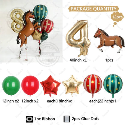 12pc Giant Race Horse Striped Star Balloons with 1-9 Cream Number Balloon for Cowboy Animal Theme Birthday Farm Party Decoration