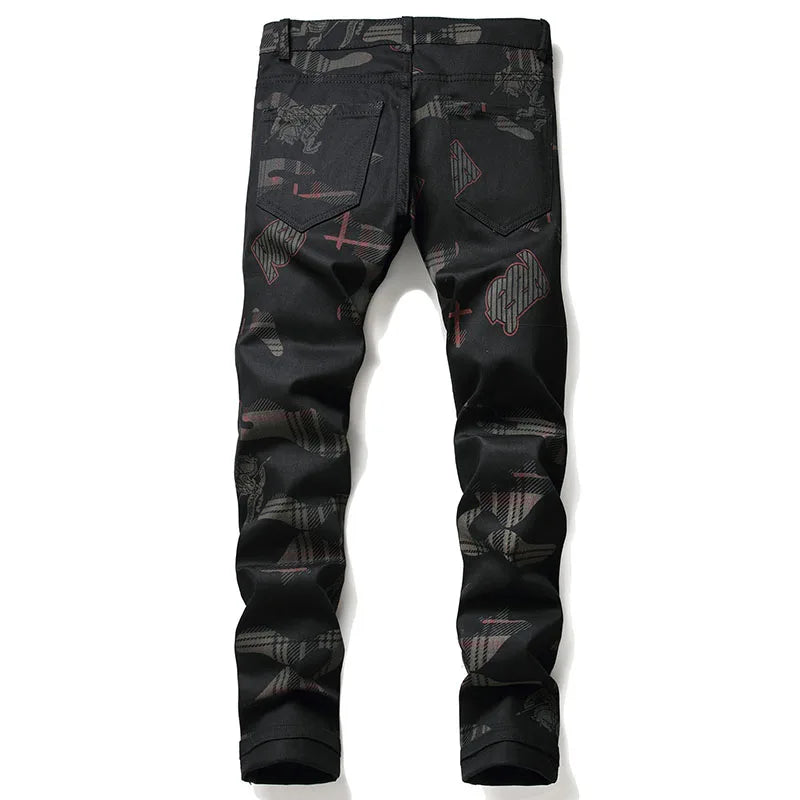 New Fashion Spring Autumn Men's 3D Printed Jeans Pantalon Hombre Black White Nightclubs Young Skinny Biker Denim Trousers