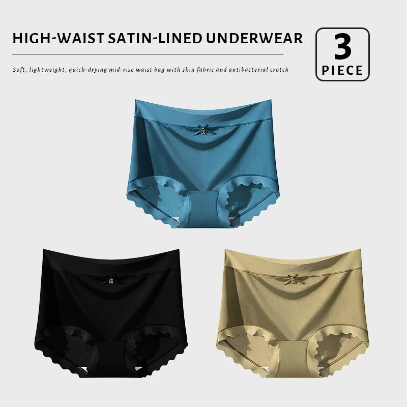 FallSweet 3Pcs Ice Silk Panties for Women Seamless High-Rise Briefs Plus Size Underwear Boyshort Sexy Lingerie for Everyday Wear