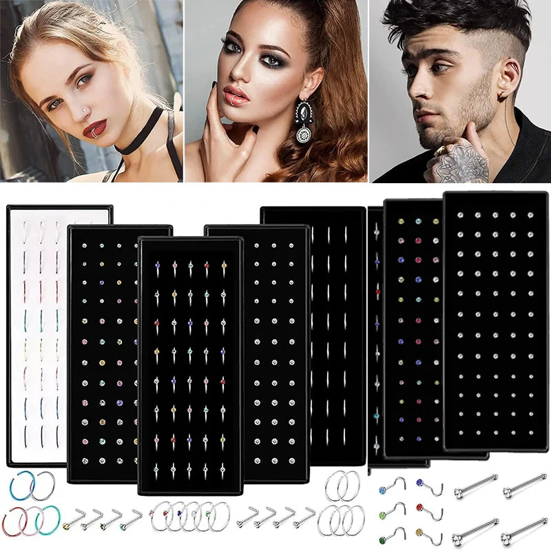 40/60pc Stainless Steel Straight L Nose Stud for Women Nose Ring Set
