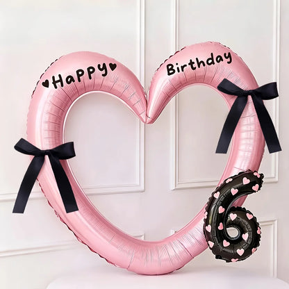 7Pcs 16inch Black Number Hollow-Out Heart Balloons and Heart Stickers Set, Includes 2 Number Balloons, 2 Stickers, 1 Glue Stick, 2 25cm Ribbons, for Birthday Parties, Wedding Anniversary Celebrations, Holiday Decorations