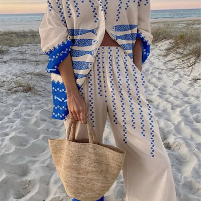 Summer Casual Shirts Two Piece Outfits 2 Pieces Set For Woman New In Matching Sets Blouse For Woman Temperament Vacation Printed