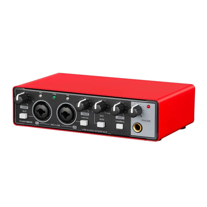 YAMNWEO MD21 Red USB Audio Interface Sound Card, 24Bit/192kHz Dual Channel Sound Card with Dual Inputs for Condenser Microphones & Guitars, Ideal for Live Streaming, Podcasting, Music Production and Live Performances