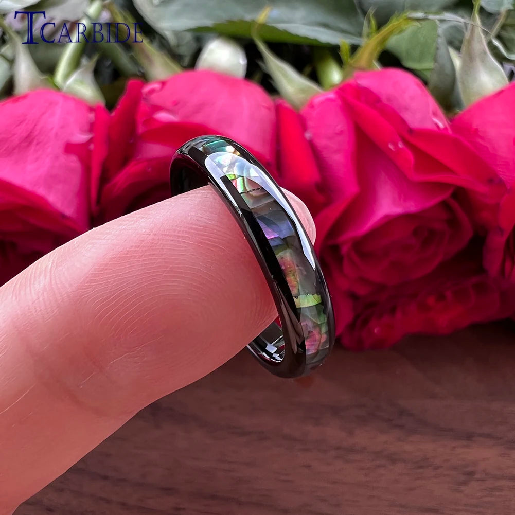 4mm Women Ring Tungsten Wedding Band Abalone Shell Inlay Domed Polished Trendy Jewelry