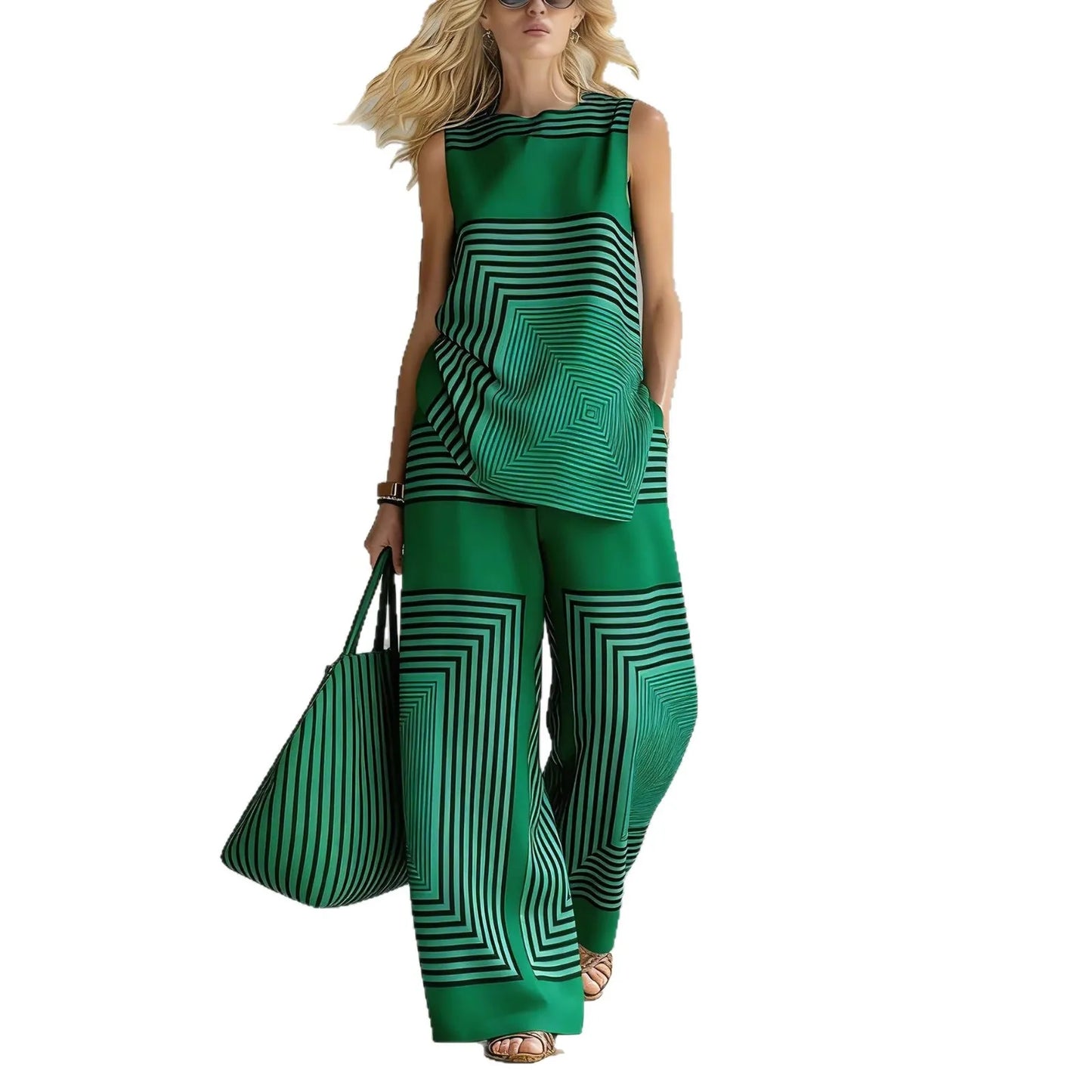 2026 New Women's Summer Fashion Casual Sets Loose Striped 2 Piece Set Sleeveless Vest Tops High Waisted Wide Leg Pants Suits For