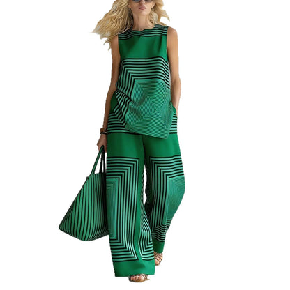 2026 New Women's Summer Fashion Casual Sets Loose Striped 2 Piece Set Sleeveless Vest Tops High Waisted Wide Leg Pants Suits For