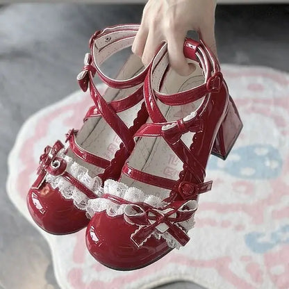 Lolita Mary Jane Shoes  New Women's Cute Bow High Heels Princess Heeled Single Shoes Spring Autumn Leather Pumps