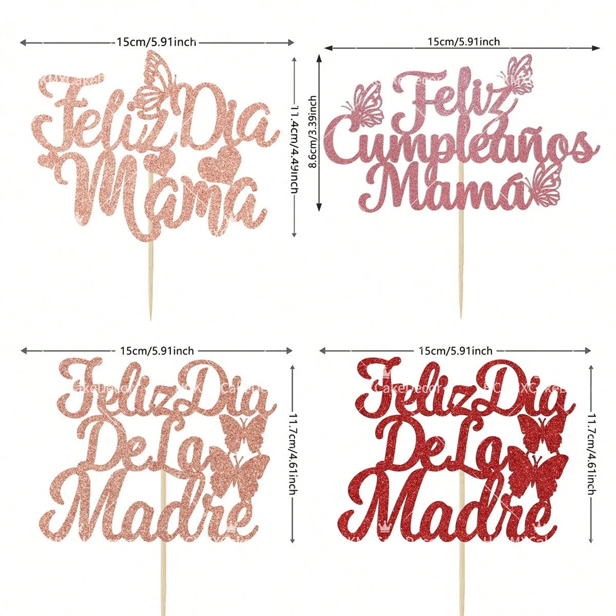3pcs Feliz Cumpleanos Mama Cake Topper Pink Glitter Spanish Birthday Cake Decoration with Butterflies