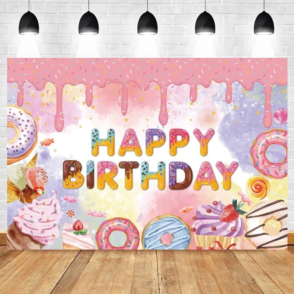 Donut Ice Cream Candy Photography Background 1st Birthday Party Decor Cake Table Banner Children Portrait Photo Studio Props