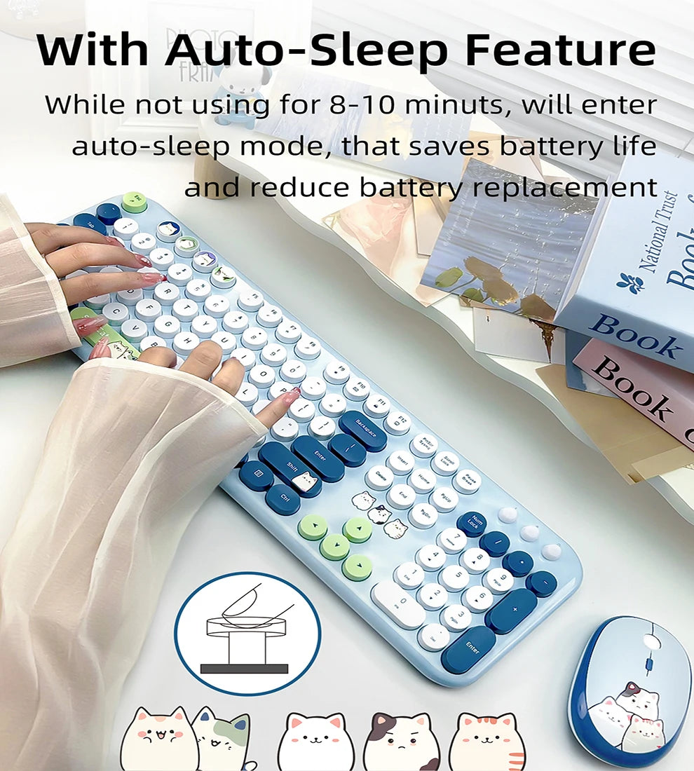 Full Size Wireless Keyboard Mouse Combo 104 Keys Retro Cute Cat Design Plug and Play Keyboard Mouse Set for Windows 7/8/10/XP