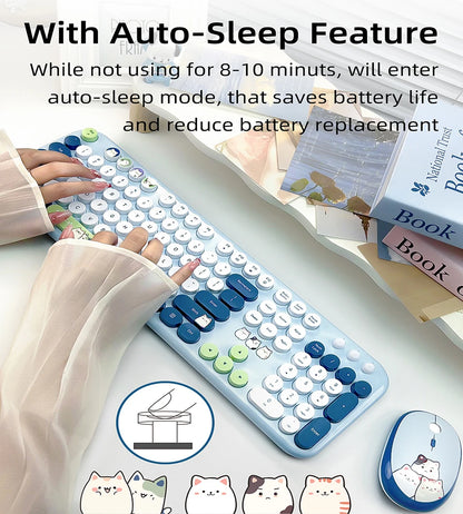 Full Size Wireless Keyboard Mouse Combo 104 Keys Retro Cute Cat Design Plug and Play Keyboard Mouse Set for Windows 7/8/10/XP