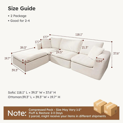 Modular Cloud Sectional Sofa, No Assembly Boneless Couch, High Back Pillows, Living Room & Apartment Durable Fabric, Customized