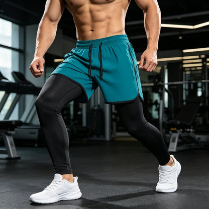 Men's 2-in-1 Sports Shorts, Training Tracksuit Set, Men's Running Jogger Pants for Marathon & Basketball Training